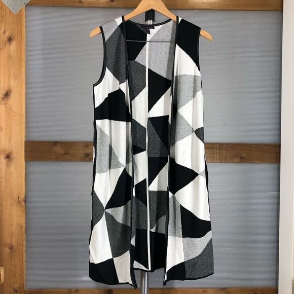 Lafayette‎ 148 Black White Geometric Pockets Long Sleeveless Knit Cardigan Sz M - Picture 2 of 11